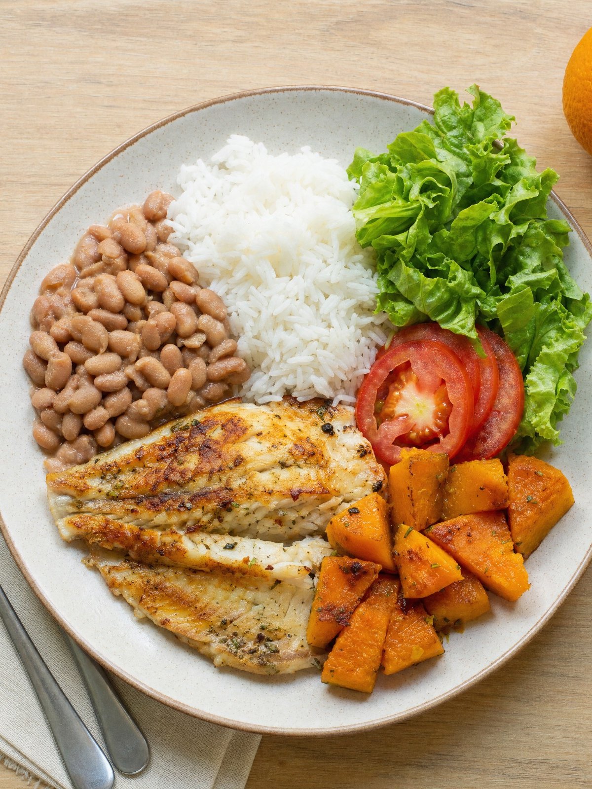 Prato com arroz, feijão, peixe grelhado, abóbora assada, alface e tomate, ao lado de uma laranja.