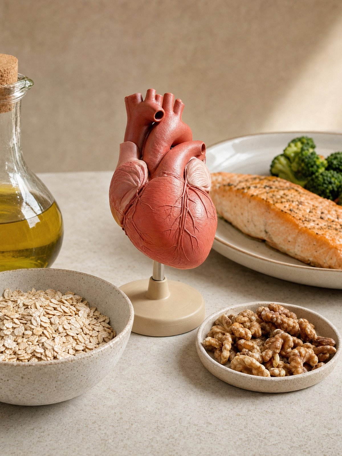 Modelo de coração ao lado de azeite, aveia, nozes e um prato de salmão com legumes.
