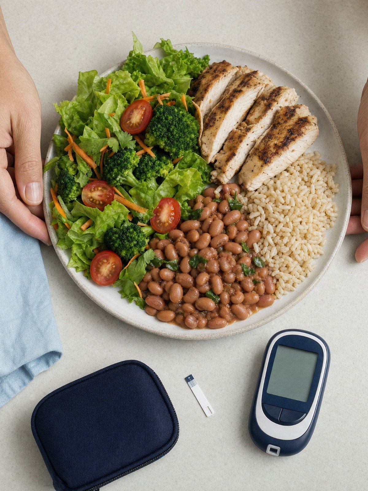 Prato com salada, frango grelhado, feijão e arroz integral, ao lado de um medidor de glicose.