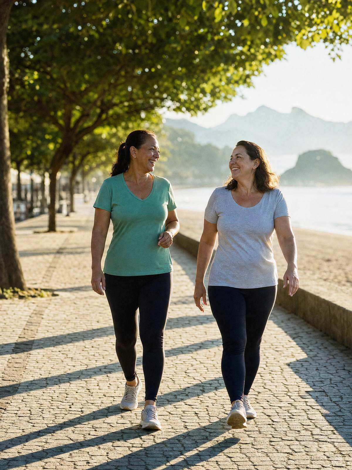 Duas amigas caminham rindo em um calçadão arborizado de manhã cedo.