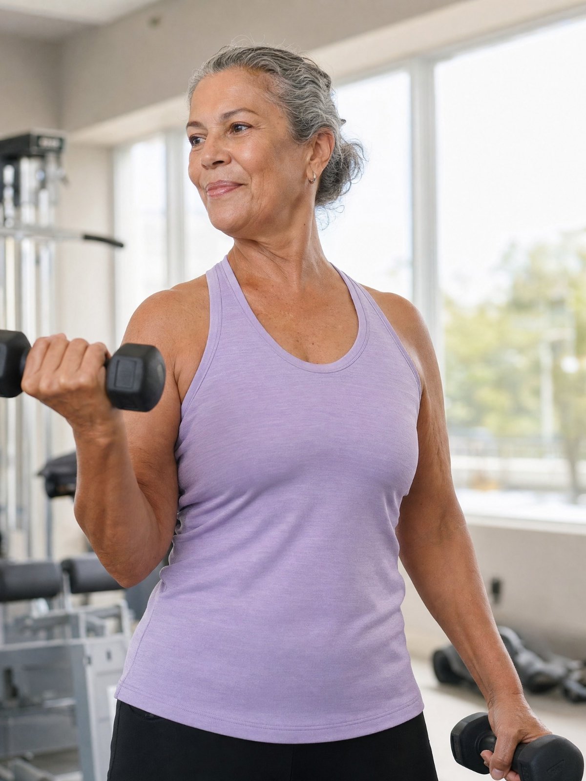 Mulher de cerca de 60 anos faz exercício com halteres em uma academia clara.