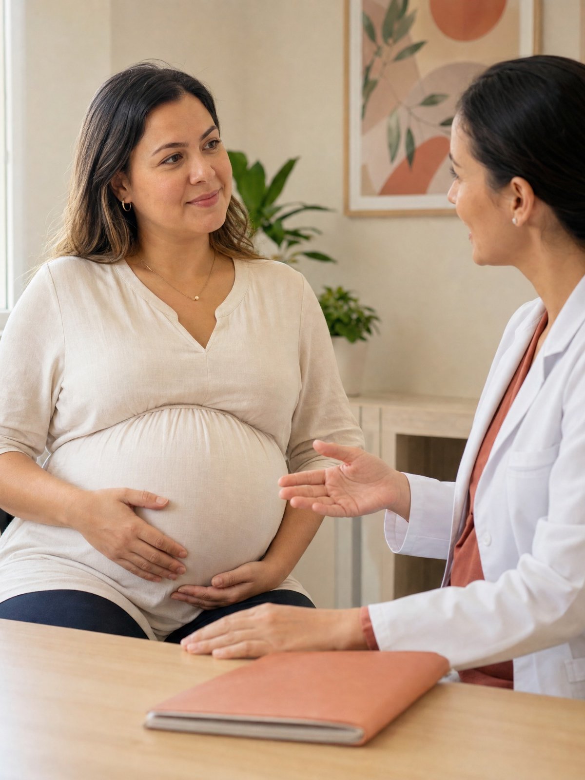 Gestante conversa com a médica durante a consulta, com a mão sobre a barriga.