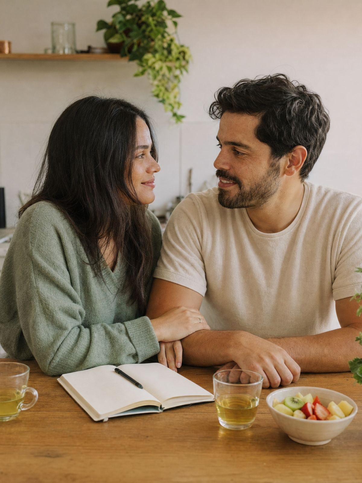 Casal conversa sorrindo à mesa da cozinha, com caderno, chá e frutas.