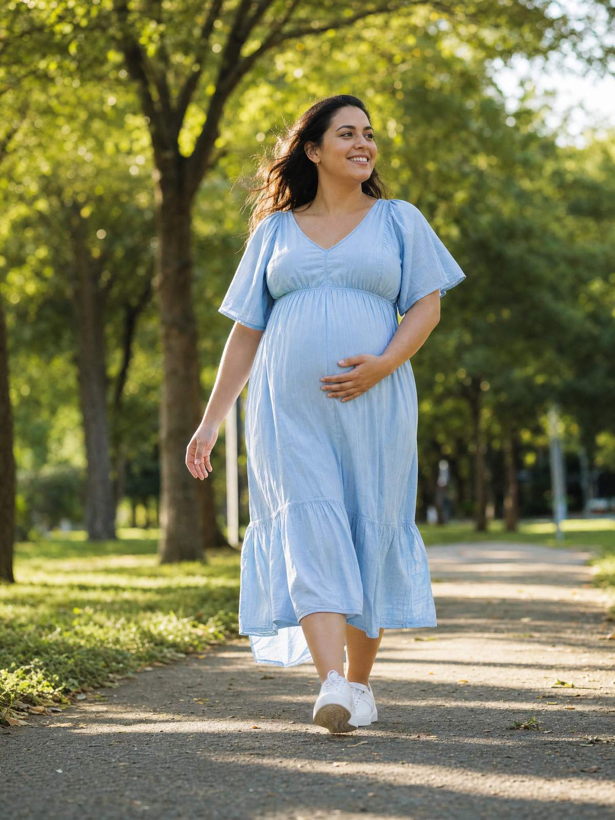 Gestante de vestido azul caminha sorrindo em um parque arborizado.