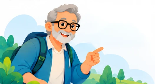 Ilustração: senhor de mochila apontando para o mapa