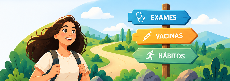 Ilustração: moça com mochila numa estrada, ao lado de placas indicando Exames, Vacinas e Hábitos
