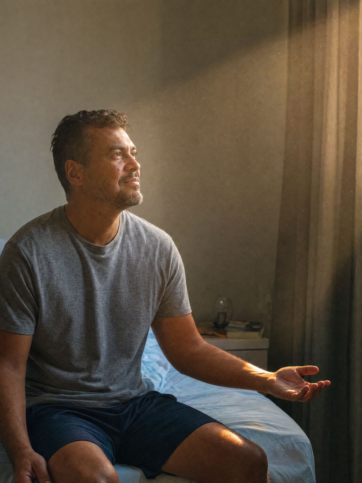 Homem sentado na cama observa a luz do sol que entra pela janela e toca sua mão.