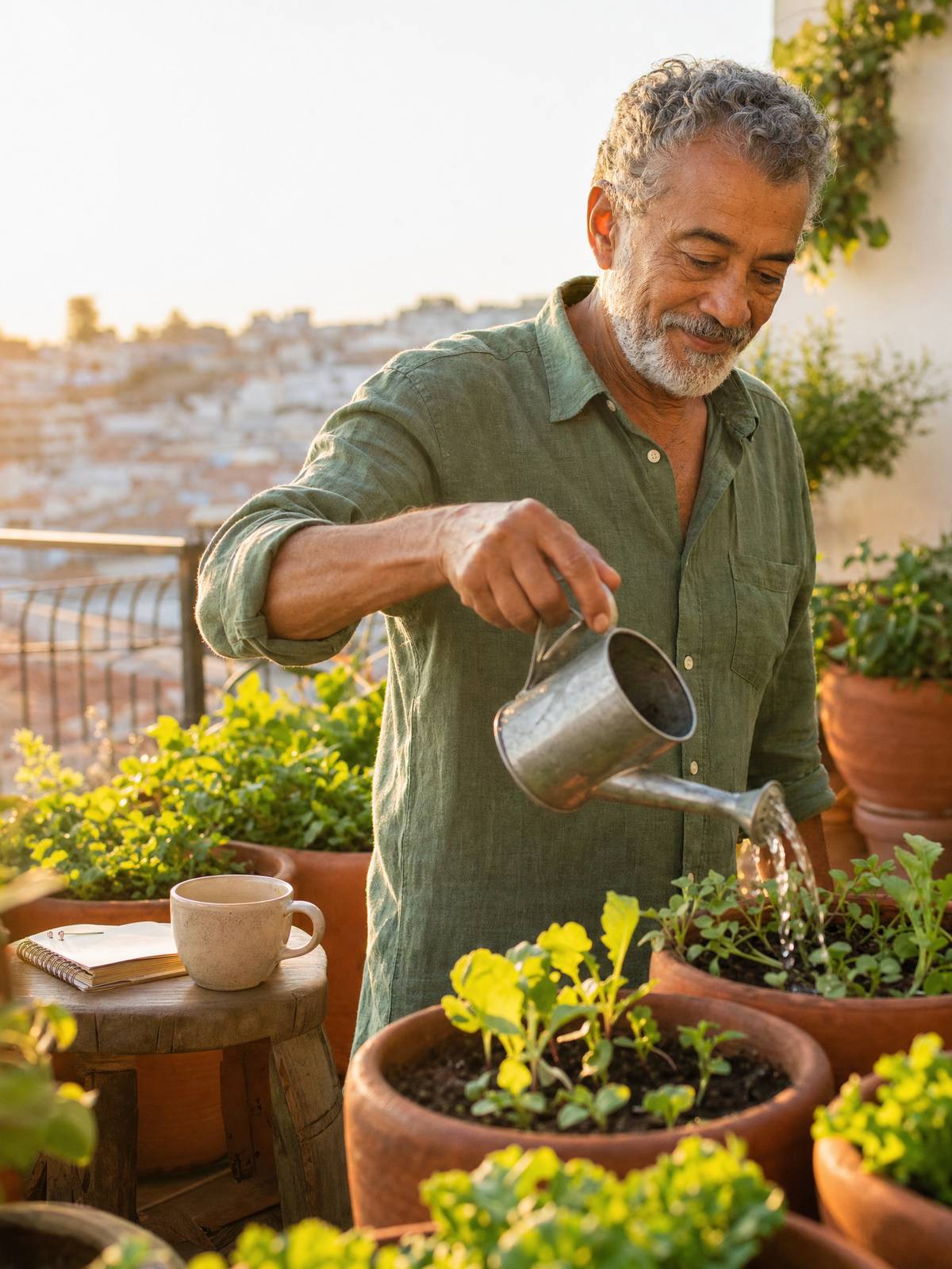 Homem rega mudas em uma horta de varanda ao nascer do sol.