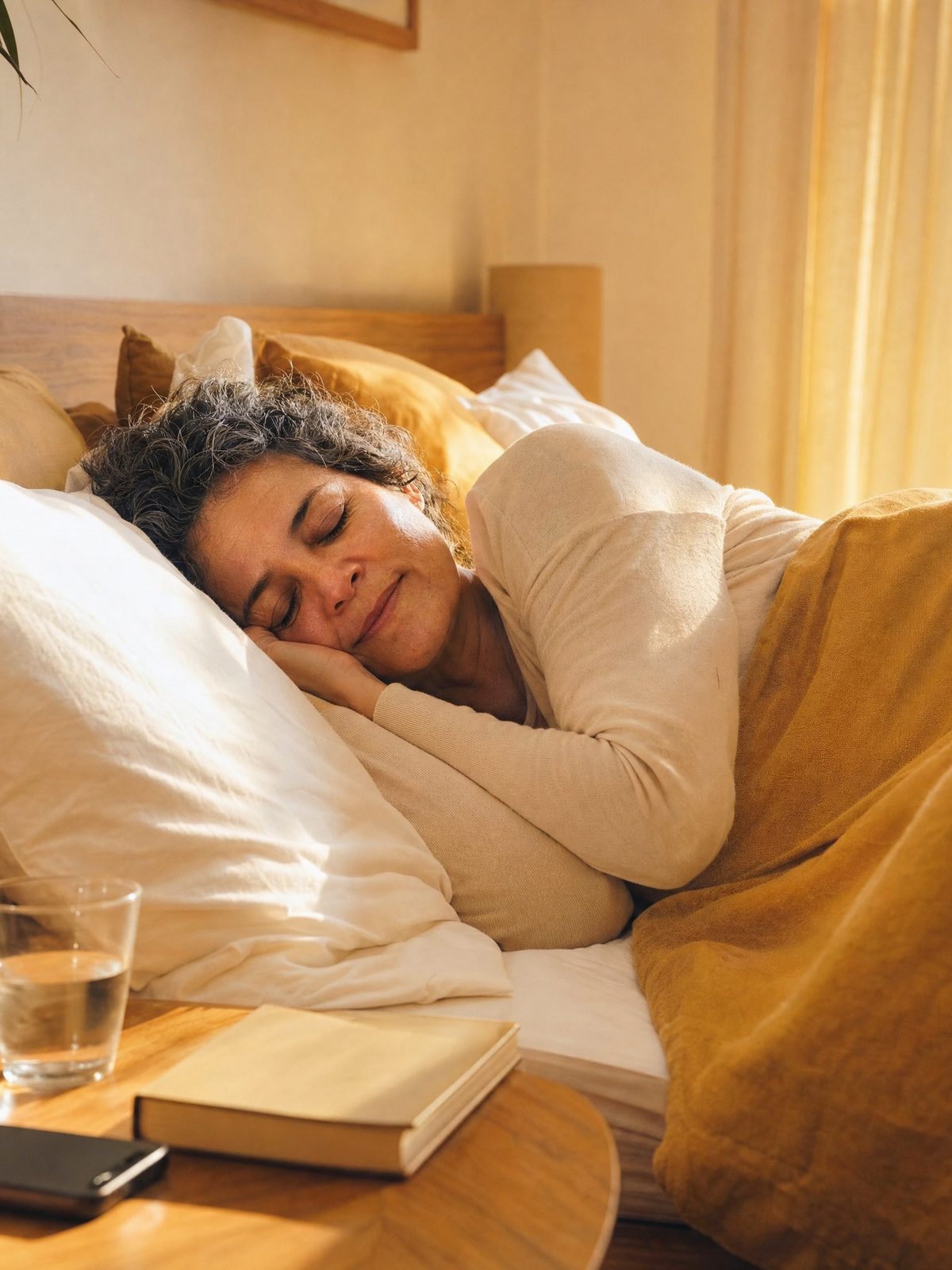 Mulher dorme tranquila ao amanhecer, com o celular virado para baixo na mesa de cabeceira.